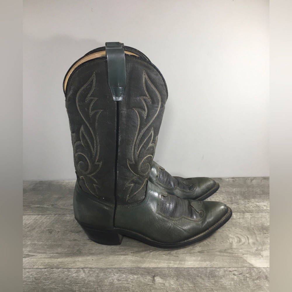 Vtg Laredo Mens Pea Green Distressed Leather Cowboy Western Pull On Boots 10.5